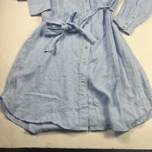 Magaschoni Linen Button Shirt Dress Blue Tie Waist Long Sleeve Embroidered M - Picture 2 of 9
